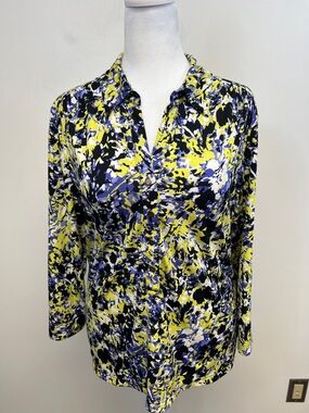 Alfani Purple / Green floral 3/4 Sleeve Stretchy 3/4 Button down Blouse Size XL